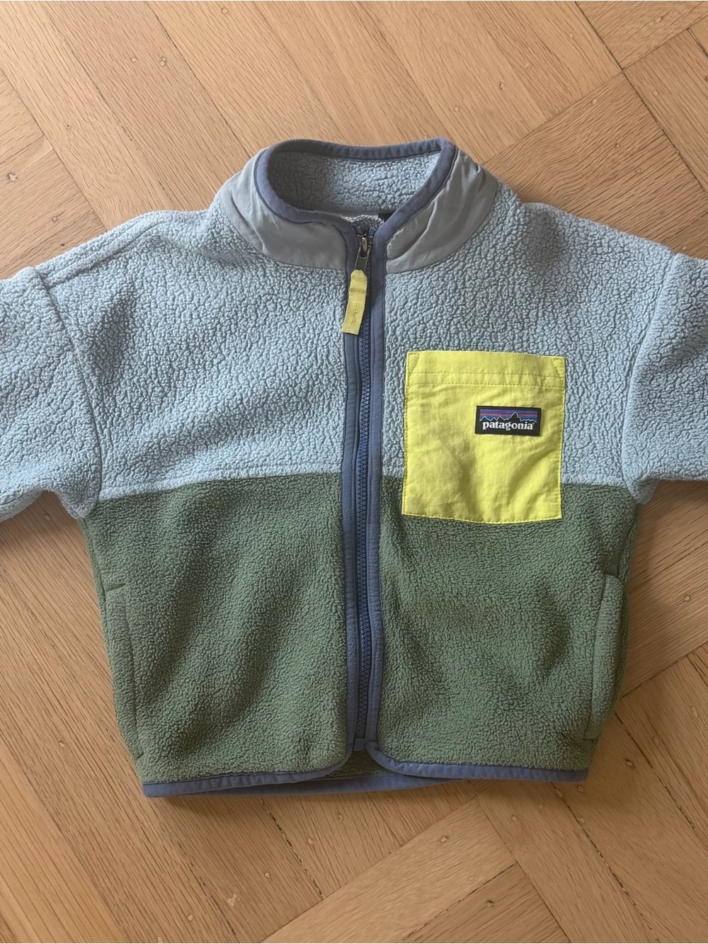 Patagonia Kids Fleece Jacket - Light Blue, Navy Trim & Yellow Pocket, 2T